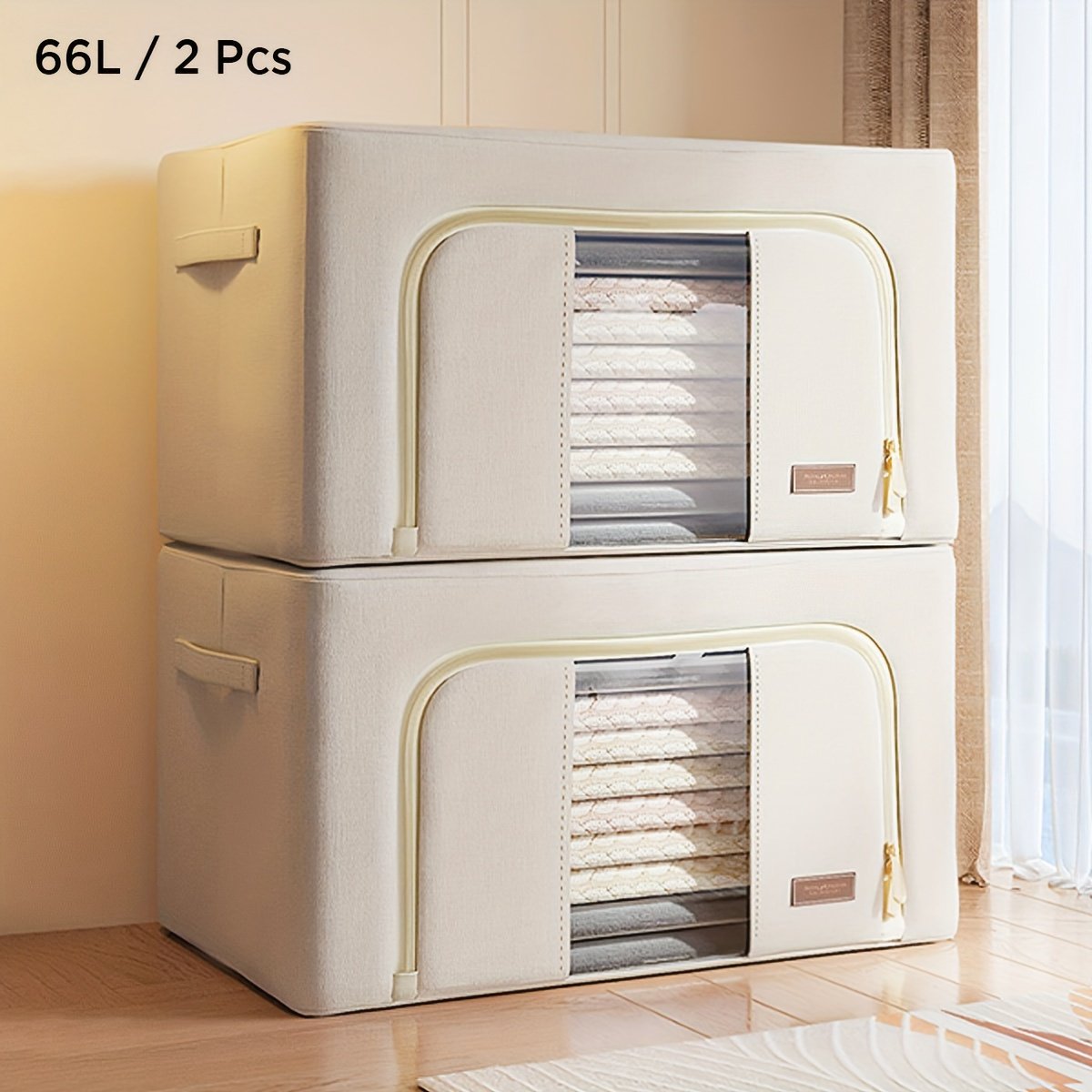 2-Pack Steel Frame Storage Bins with Clear Window, Foldable Stackable Fabric Organizers with Handles for Clothes, Linens &amp; Under-Bed Storage