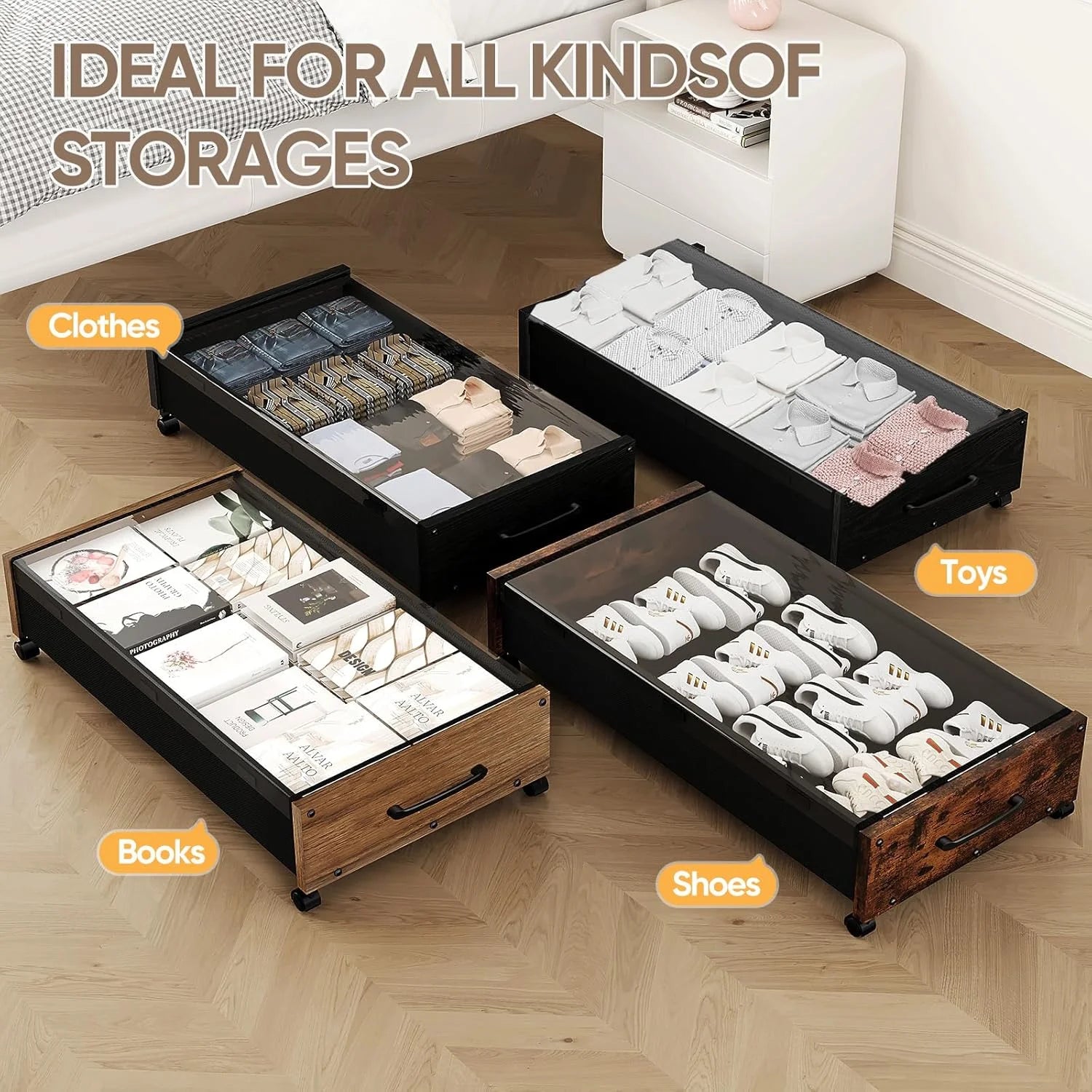 Wooden Under Bed Storage with Wheels, 80L Rolling Bins 2 Pack with Lid a7