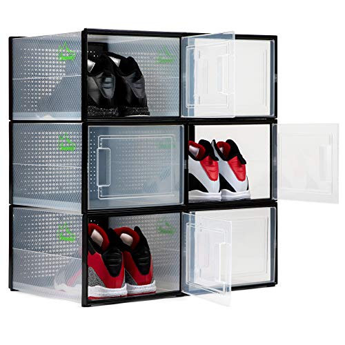 BLACK LARGE 6 pack - 14.6 Inches Long for BIG Shoes & Sneakers, Shoe Storage Organizer, Shoe Storage Boxes, Shoe Box Clear Plastic Stackable, Shoe Containers, Shoe Organizer for Closet