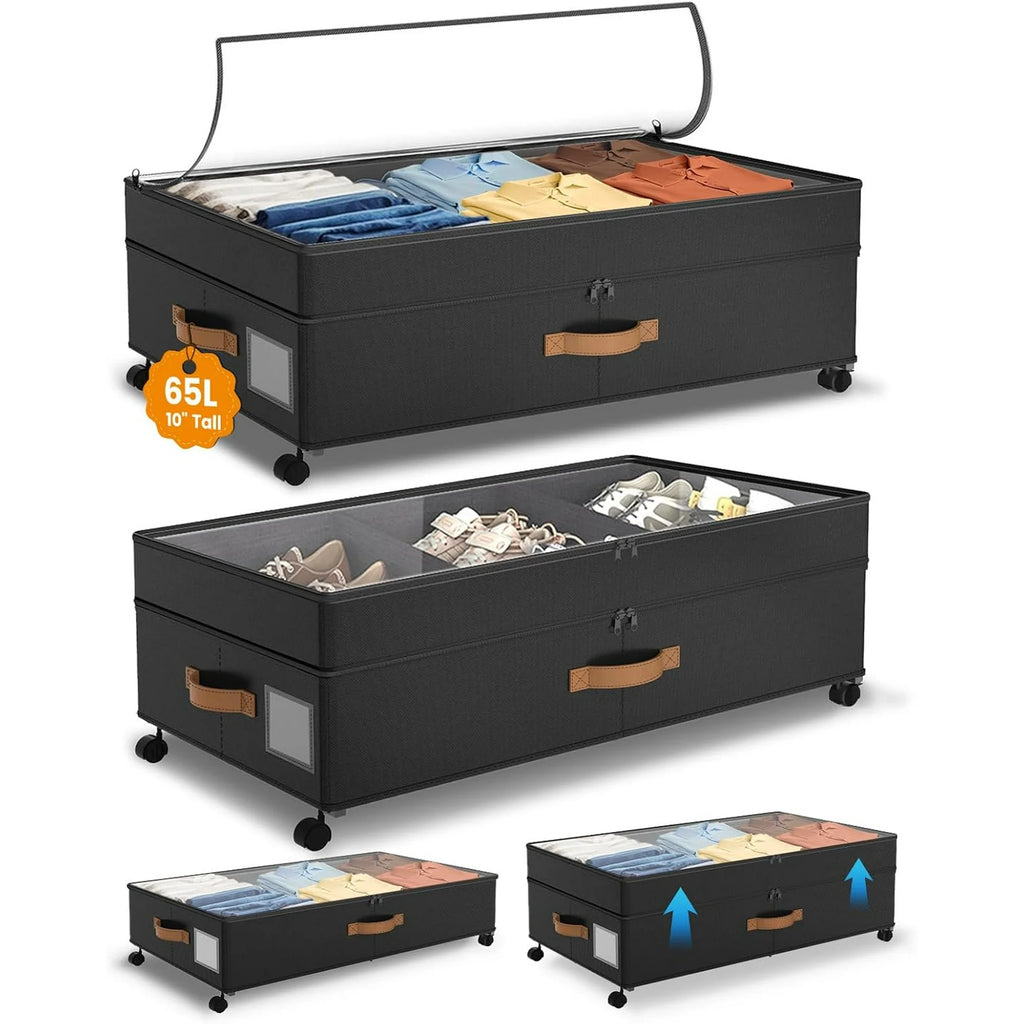 Under Bed Storage with Wheels, Adjustable Height Containers, 10 inches, Black a7