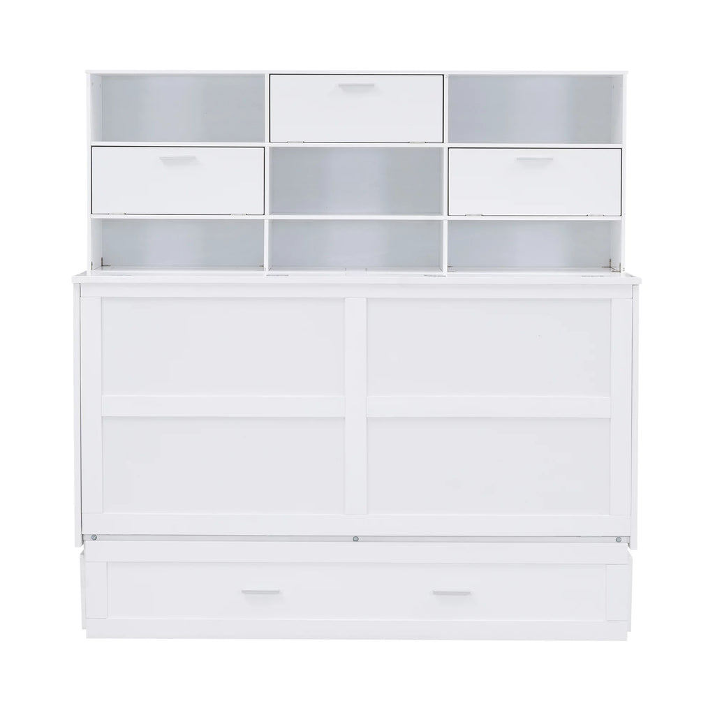 Queen Murphy Bed with Bookcase and Drawer White k7m