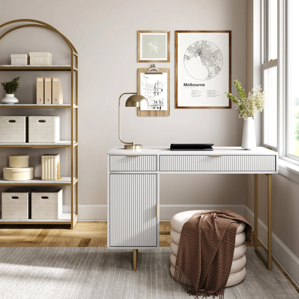 White Modern Computer Desk with Drawers and Cabinet Storage a7k