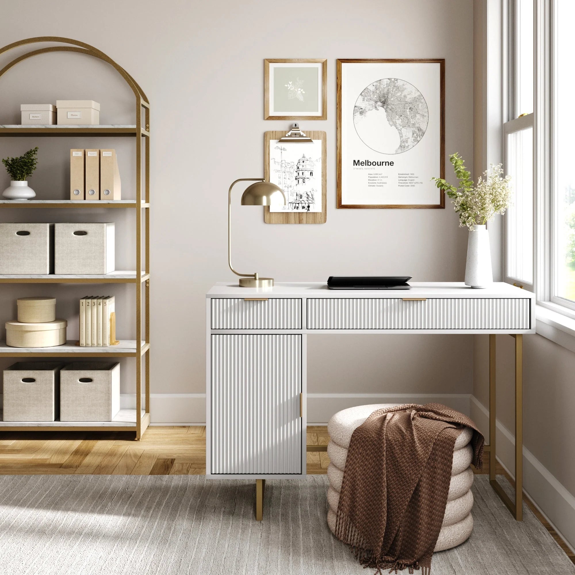 White Modern Computer Desk with Drawers and Cabinet Storage a7k