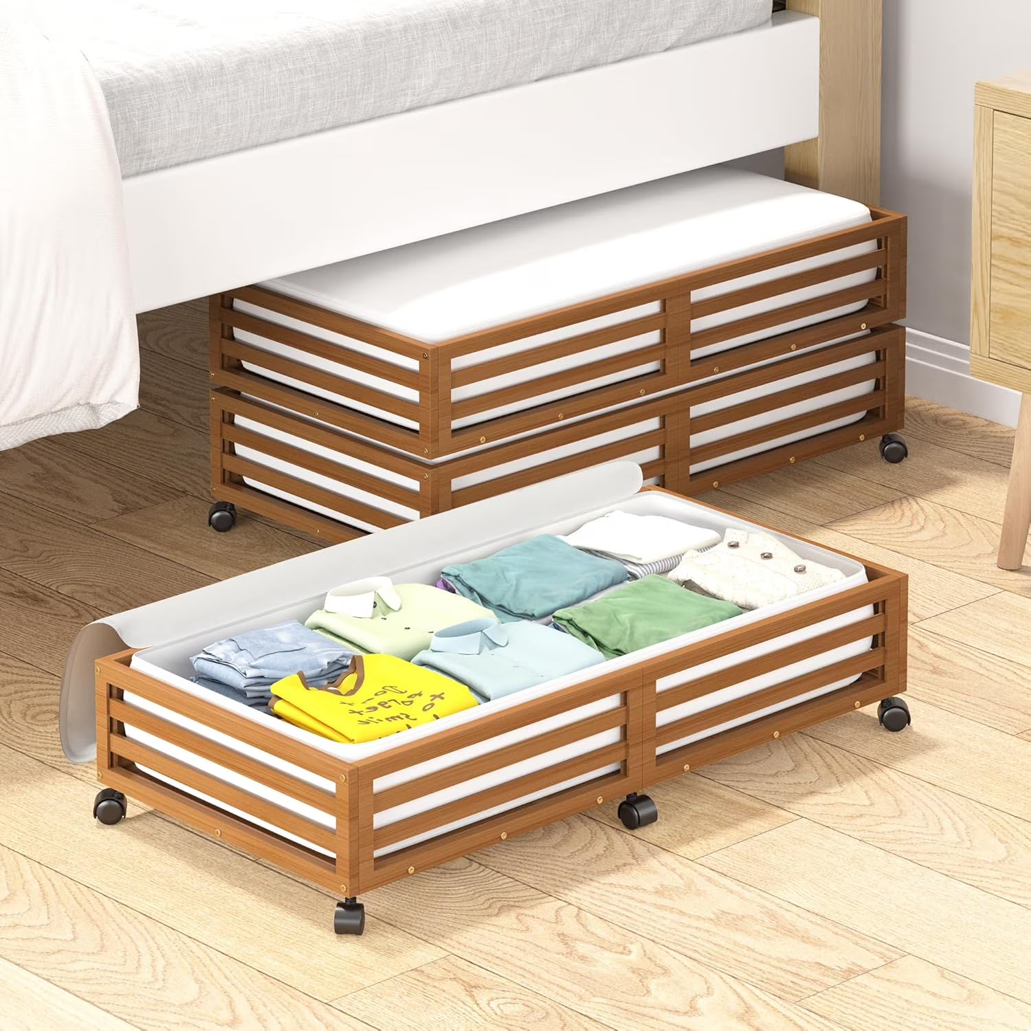 Bamboo Under Bed Storage Containers- Underbed Organizer with Wheels with Large Capacity Dust Bag,Sturdy Wood Rolling Under Bed Shoe Storage Organizer 2 Packs (Walnut, 2 Packs (33.07×16.54))