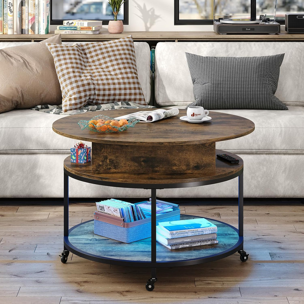 Rustic Brown Round Lift Top Coffee Table with Storage and Wheels a7