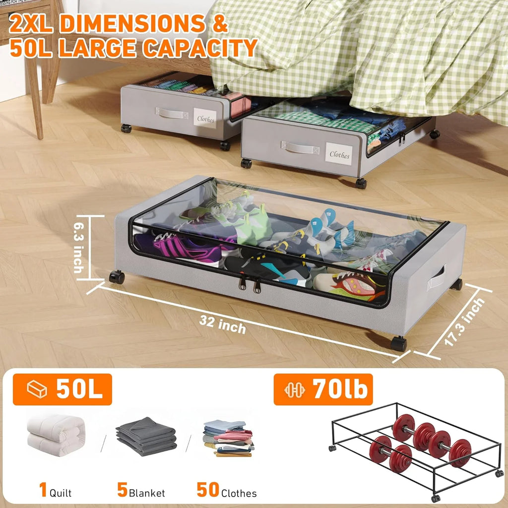 Under Bed Storage Containers with Wheels and Clear Lids, 60L, Gray q7