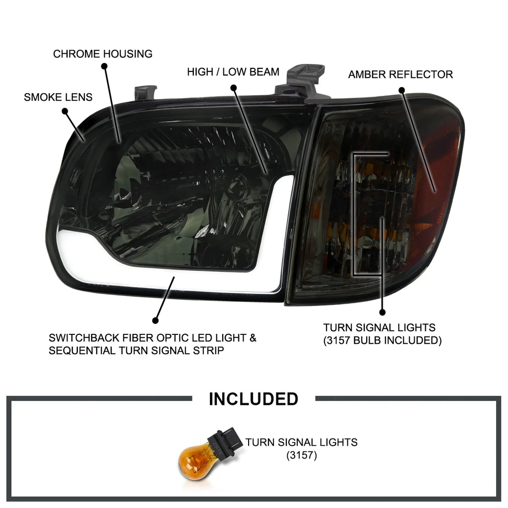 Chrome Housing Smoke Lens LED Switchback Headlights Pair for 2005-2006 Tundra a7