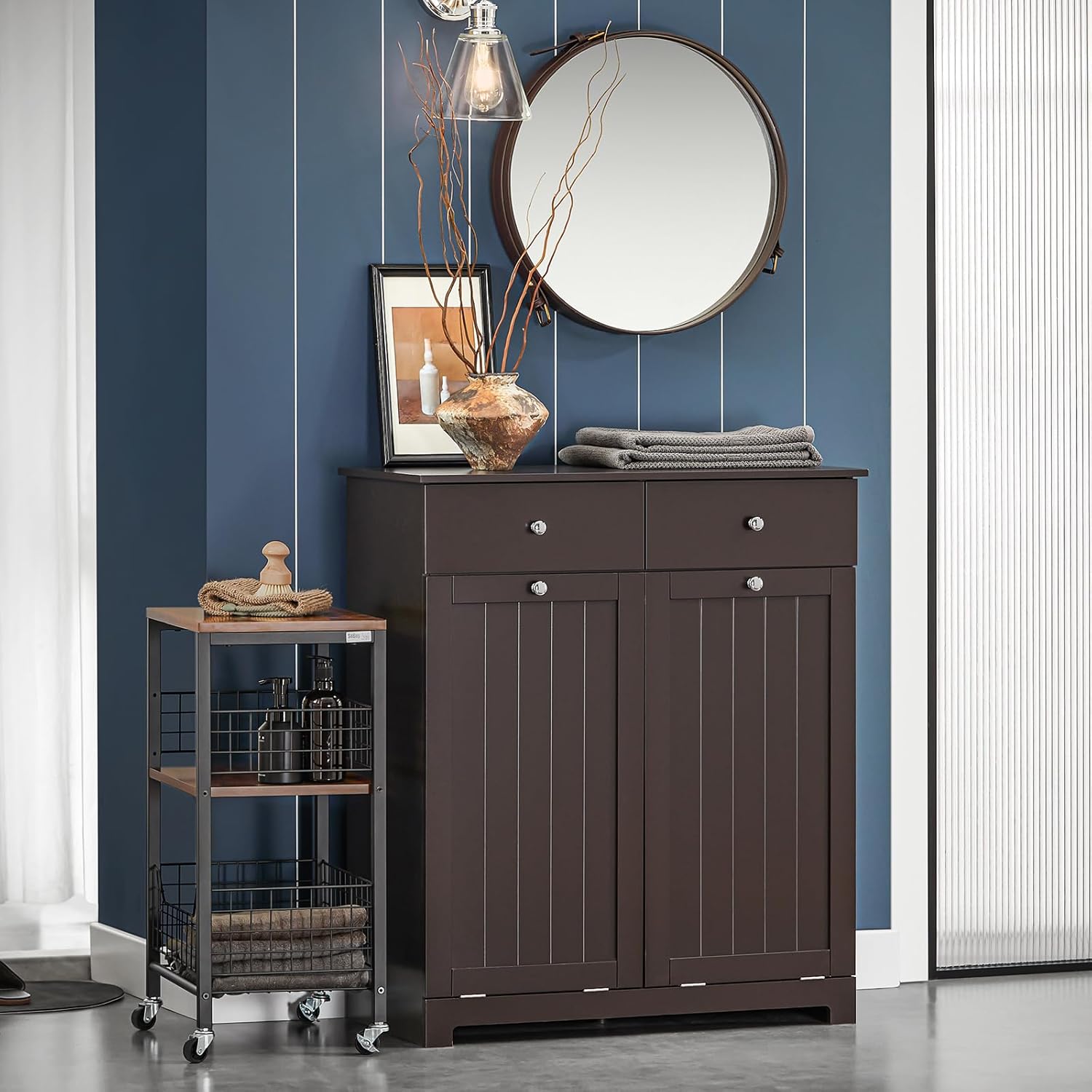Laundry Hamper Cabinet with 2 Drawers and Wall Cabinet k7p