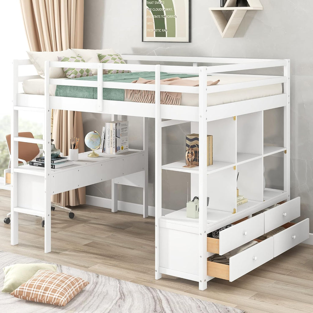 Full Size Loft Bed with Built-in Desk and Storage Shelves White k7