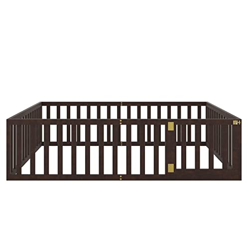 Twin Floor Bed Frame with Safety Fence Solid Wood for Kids Natural k7