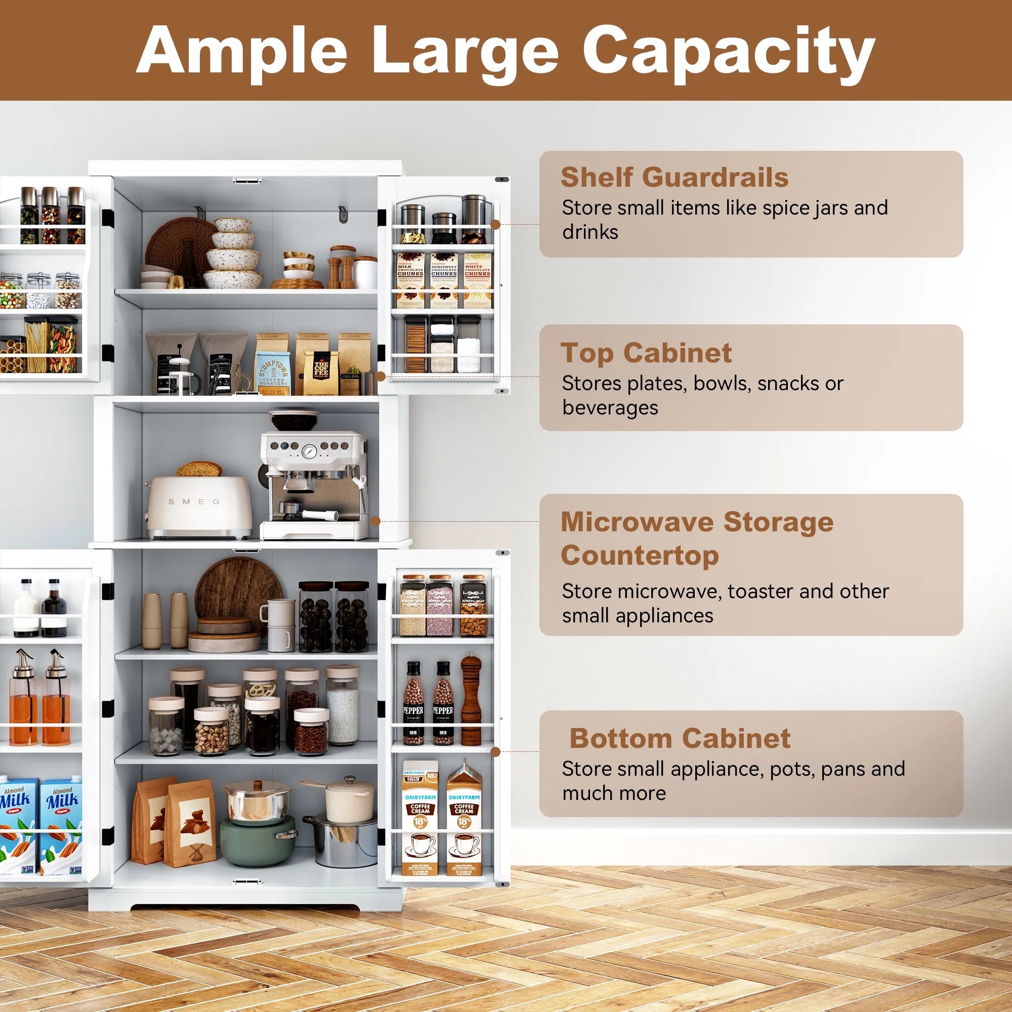 Kitchen Pantry Storage Cabinet with Microwave Stand and Shelves a7