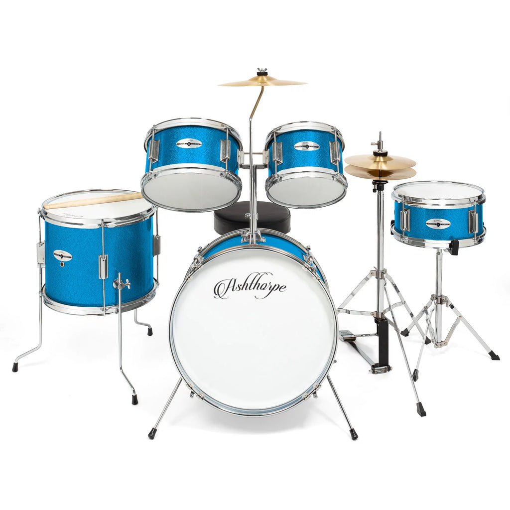 Junior Drum Set with Brass Cymbals and Adjustable Throne Blue k7