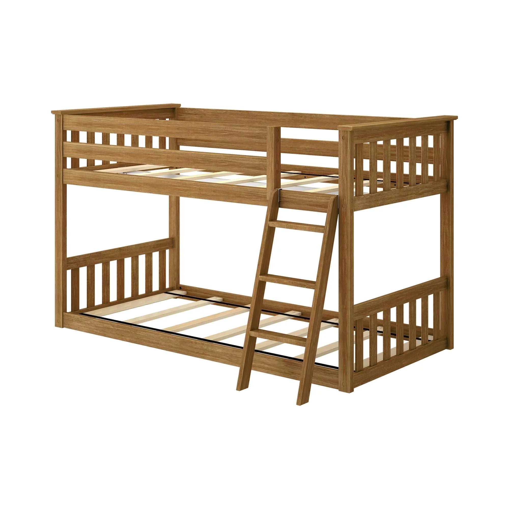 Twin over Twin Bunk Bed for Kids Solid Wood Low with Ladder Pecan k7