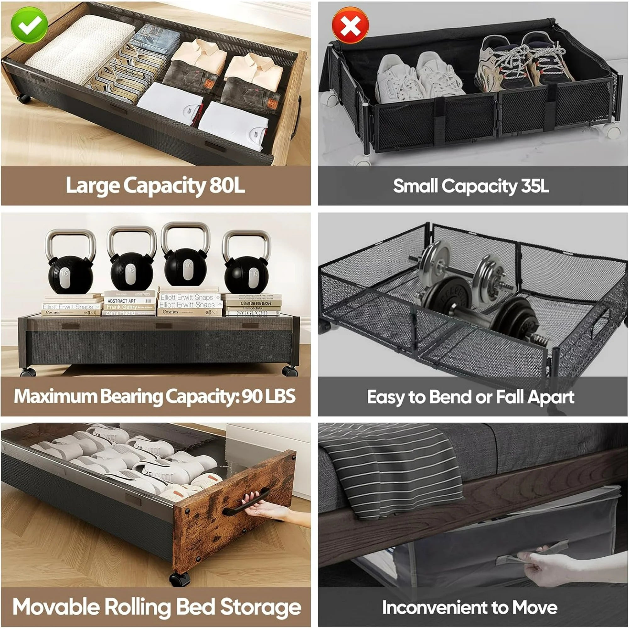 Wooden Under Bed Storage with Wheels, 80L Rolling Bins 2 Pack with Lid a7