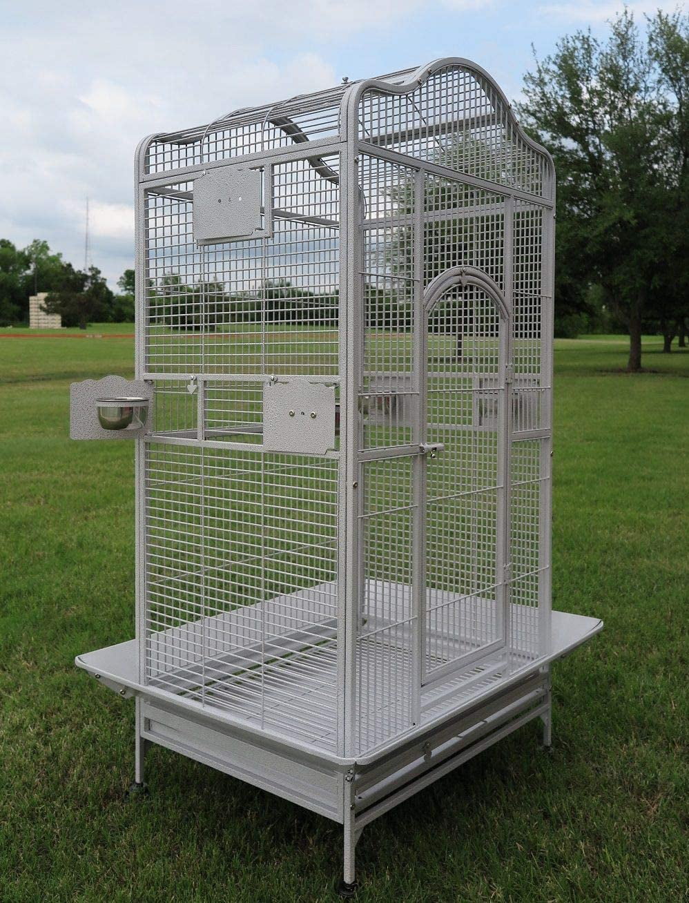 Large Wrought Iron Bird Cage Stand with Rolling Wheels q7