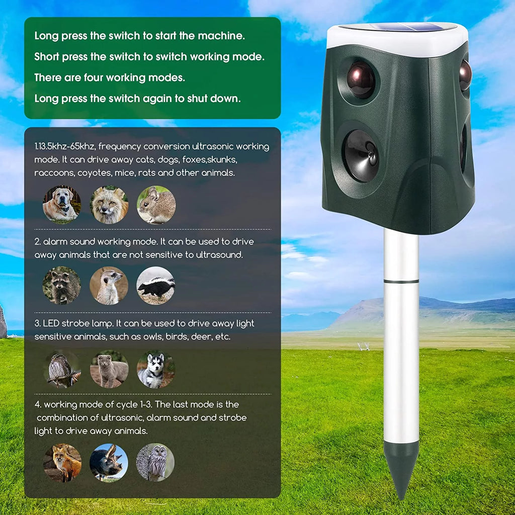 Solar Animal Repeller Ultrasonic Outdoor Waterproof PIR Sensor Strobe Light Alarm Sound k7