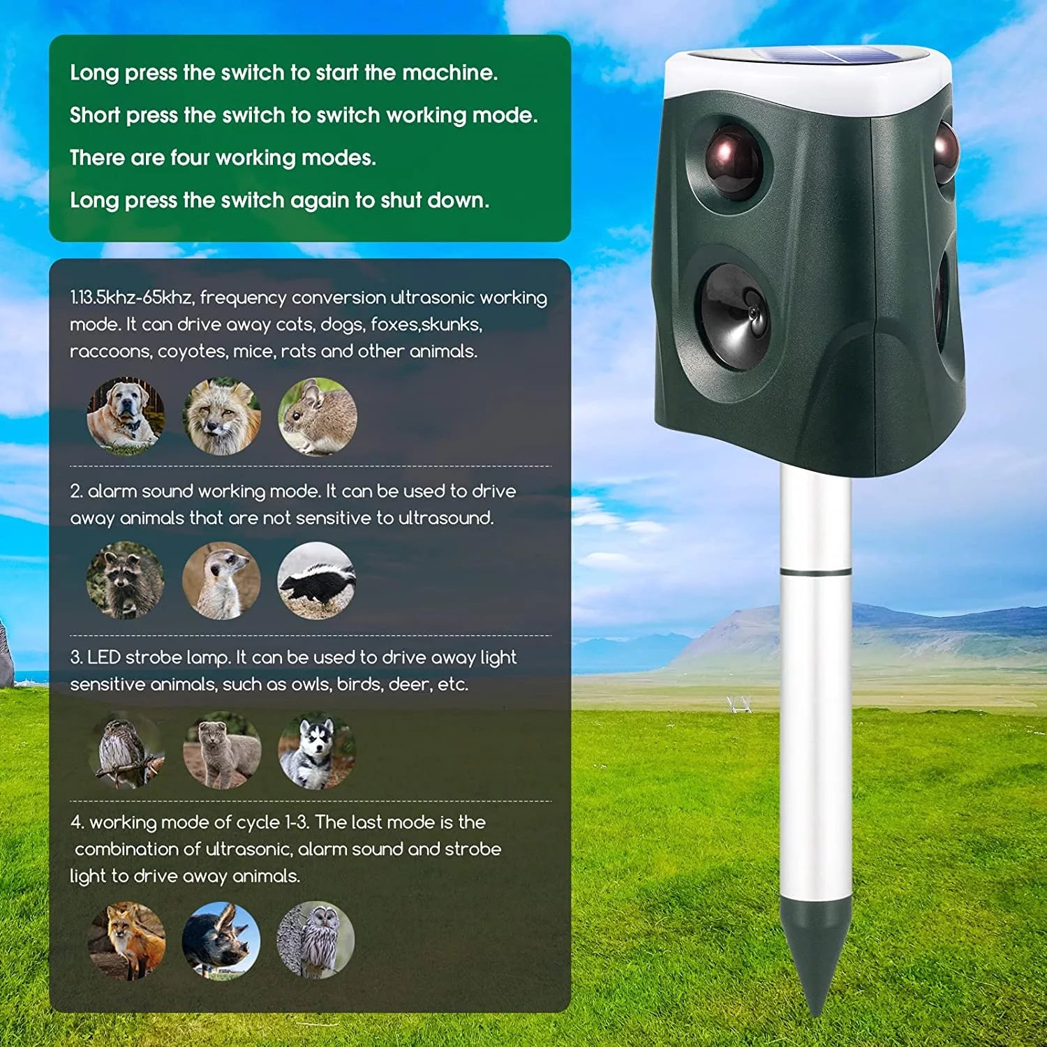 Solar Animal Repeller Ultrasonic Outdoor Waterproof PIR Sensor Strobe Light Alarm Sound k7